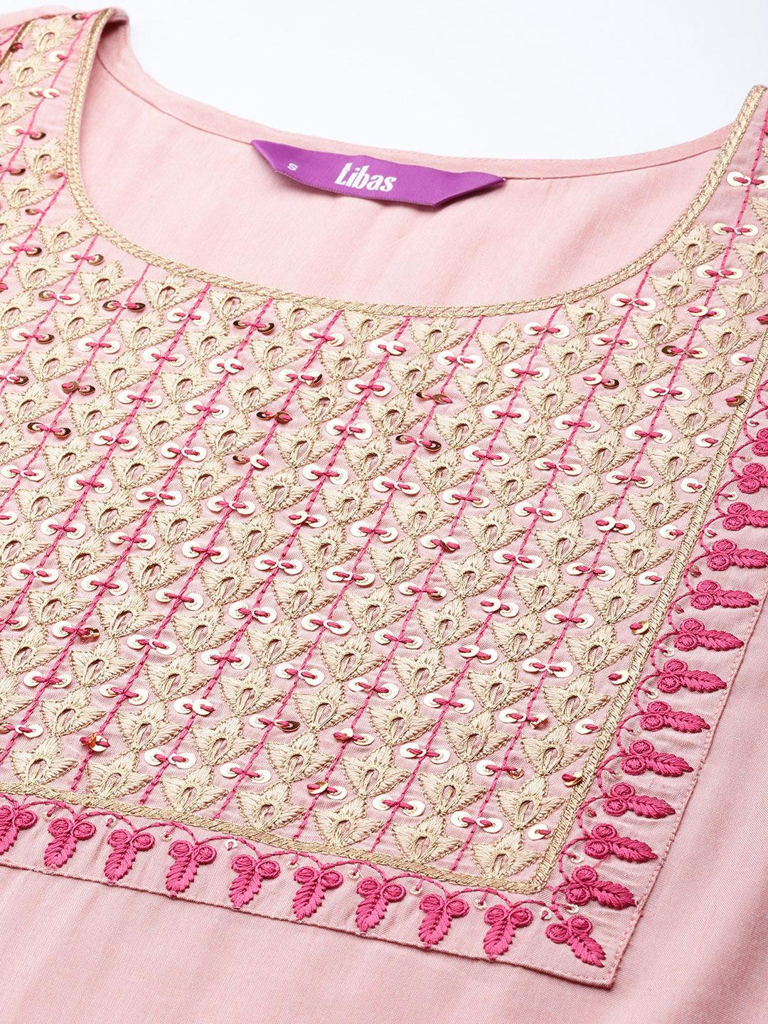 Peach Yoke Design Silk Blend Straight Suit Set With Trousers - Libas