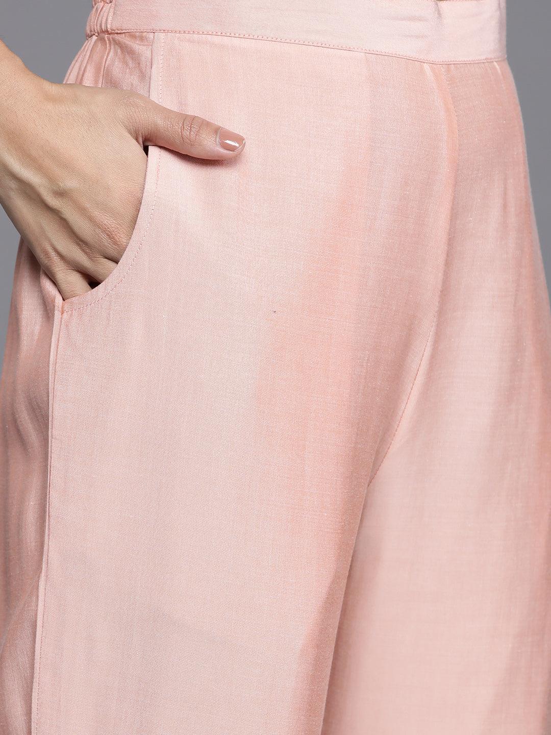 Peach Yoke Design Silk Blend Straight Suit Set With Trousers - Libas