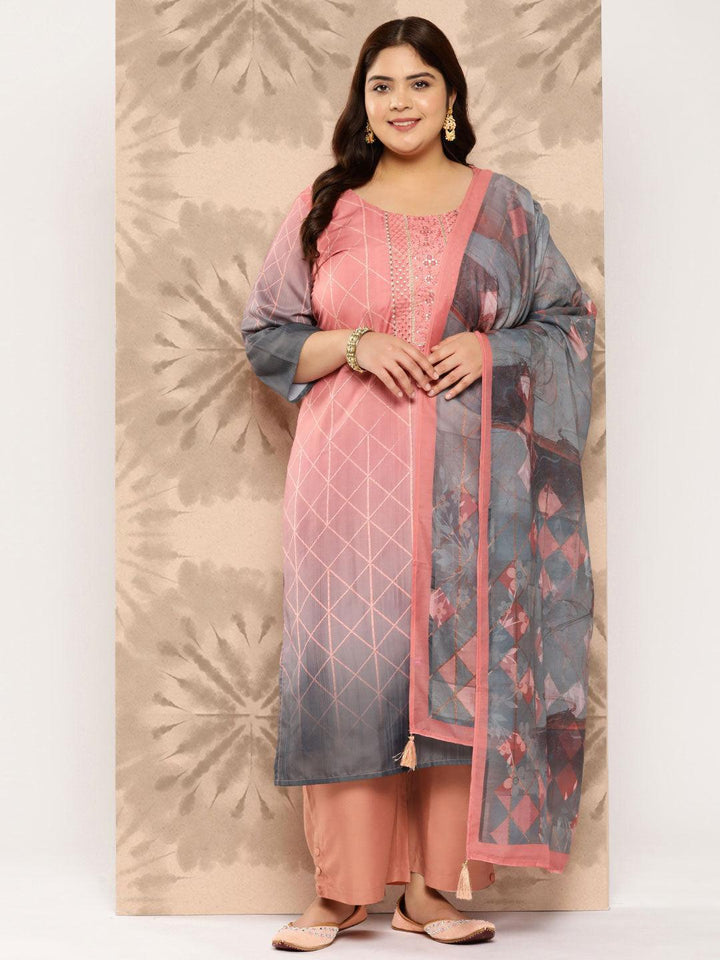 Peach Yoke Design Silk Blend Straight Kurta With Trousers and Dupatta