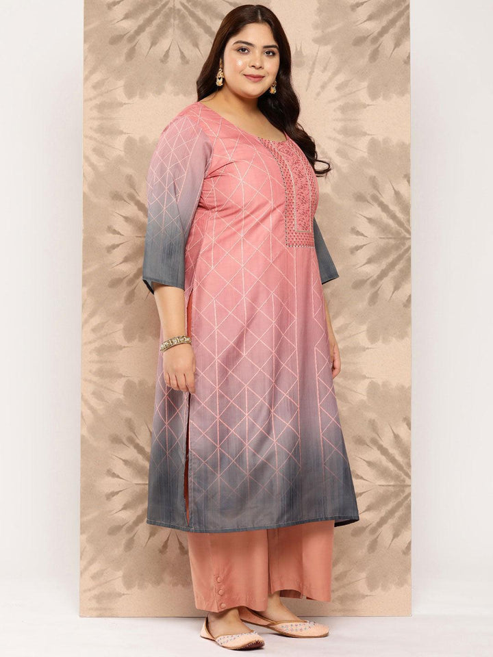Peach Yoke Design Silk Blend Straight Kurta With Trousers and Dupatta