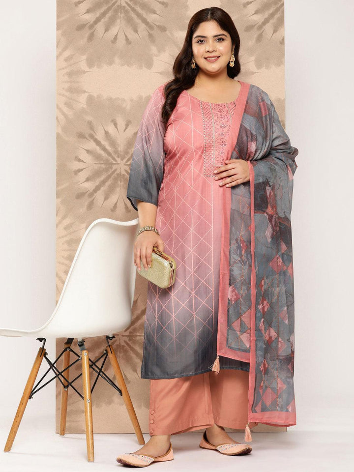 Peach Yoke Design Silk Blend Straight Kurta With Trousers and Dupatta