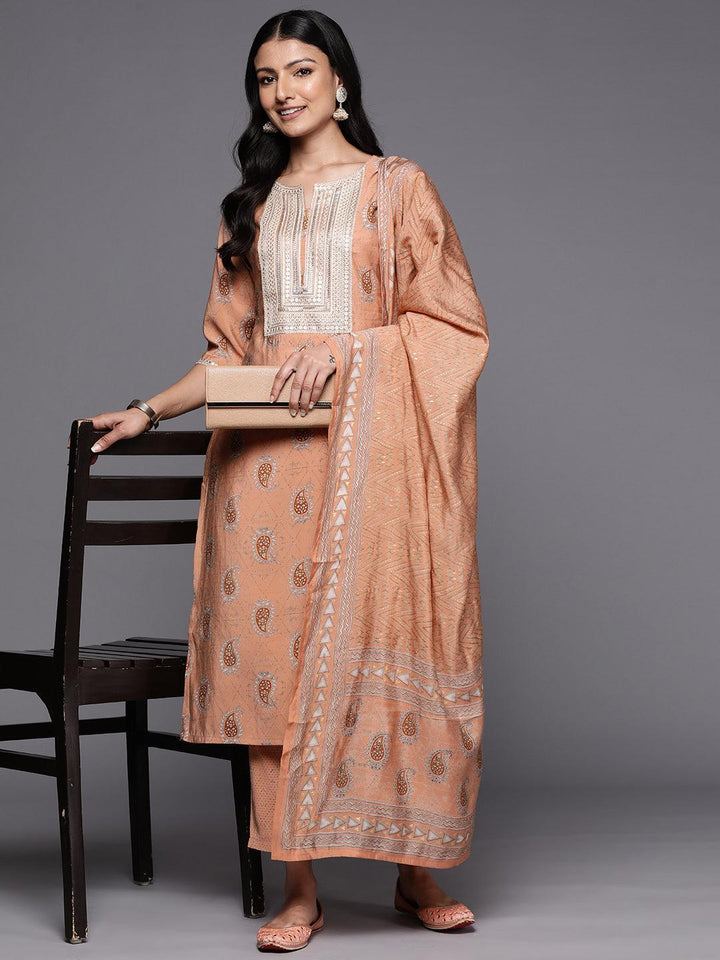 Peach Yoke Design Silk Blend Straight Suit Set With Trousers