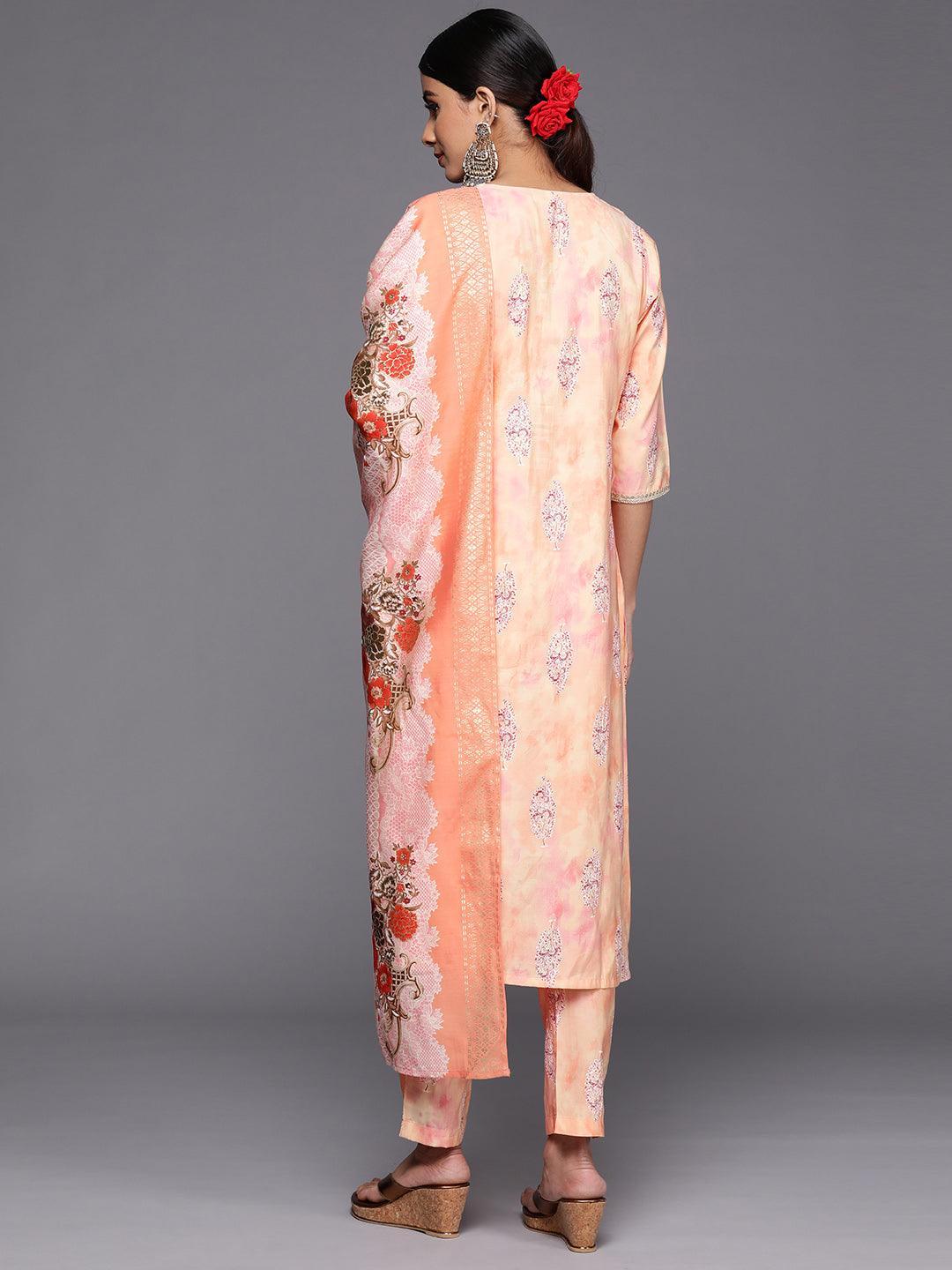 Peach Yoke Design Silk Blend Straight Suit Set With Trousers - ShopLibas