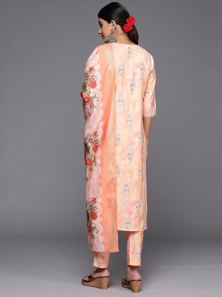 Peach Yoke Design Silk Blend Straight Suit Set With Trousers