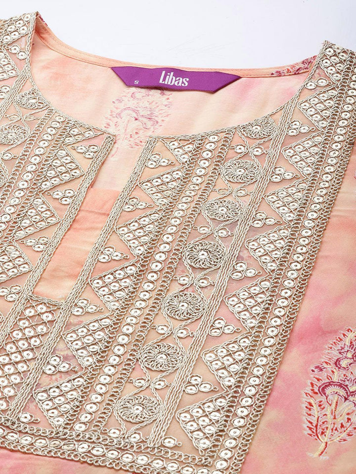 Peach Yoke Design Silk Blend Straight Suit Set With Trousers