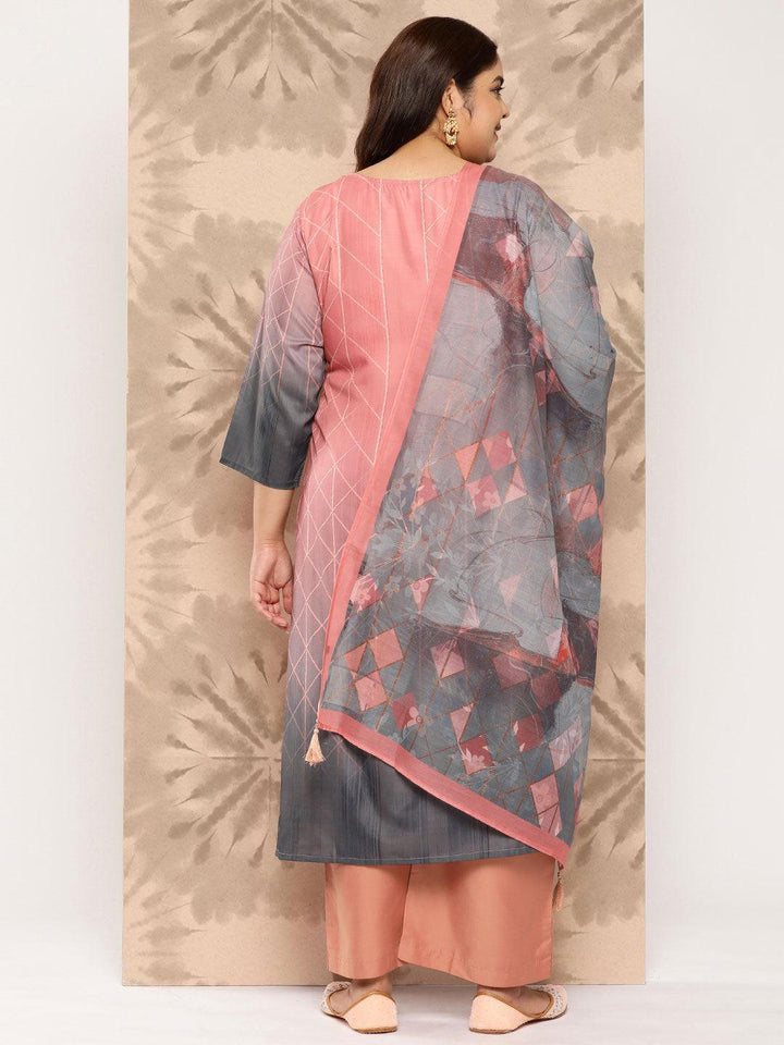 Peach Yoke Design Silk Blend Straight Kurta With Trousers and Dupatta