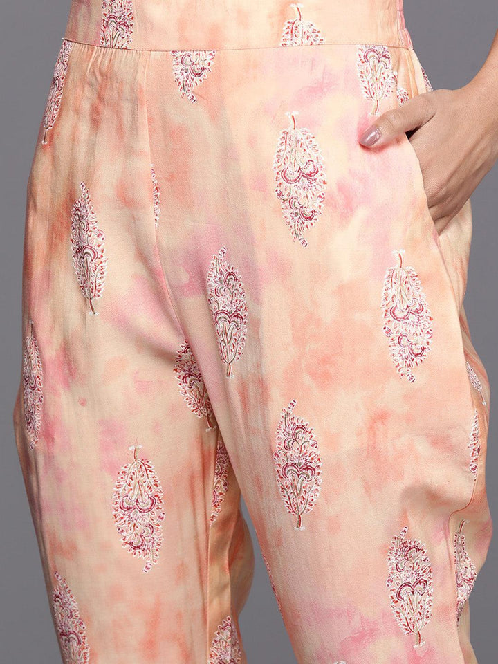 Peach Yoke Design Silk Blend Straight Suit Set With Trousers