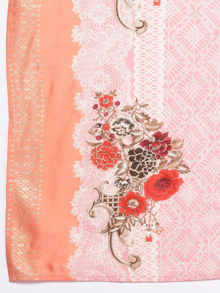 Peach Yoke Design Silk Blend Straight Suit Set With Trousers