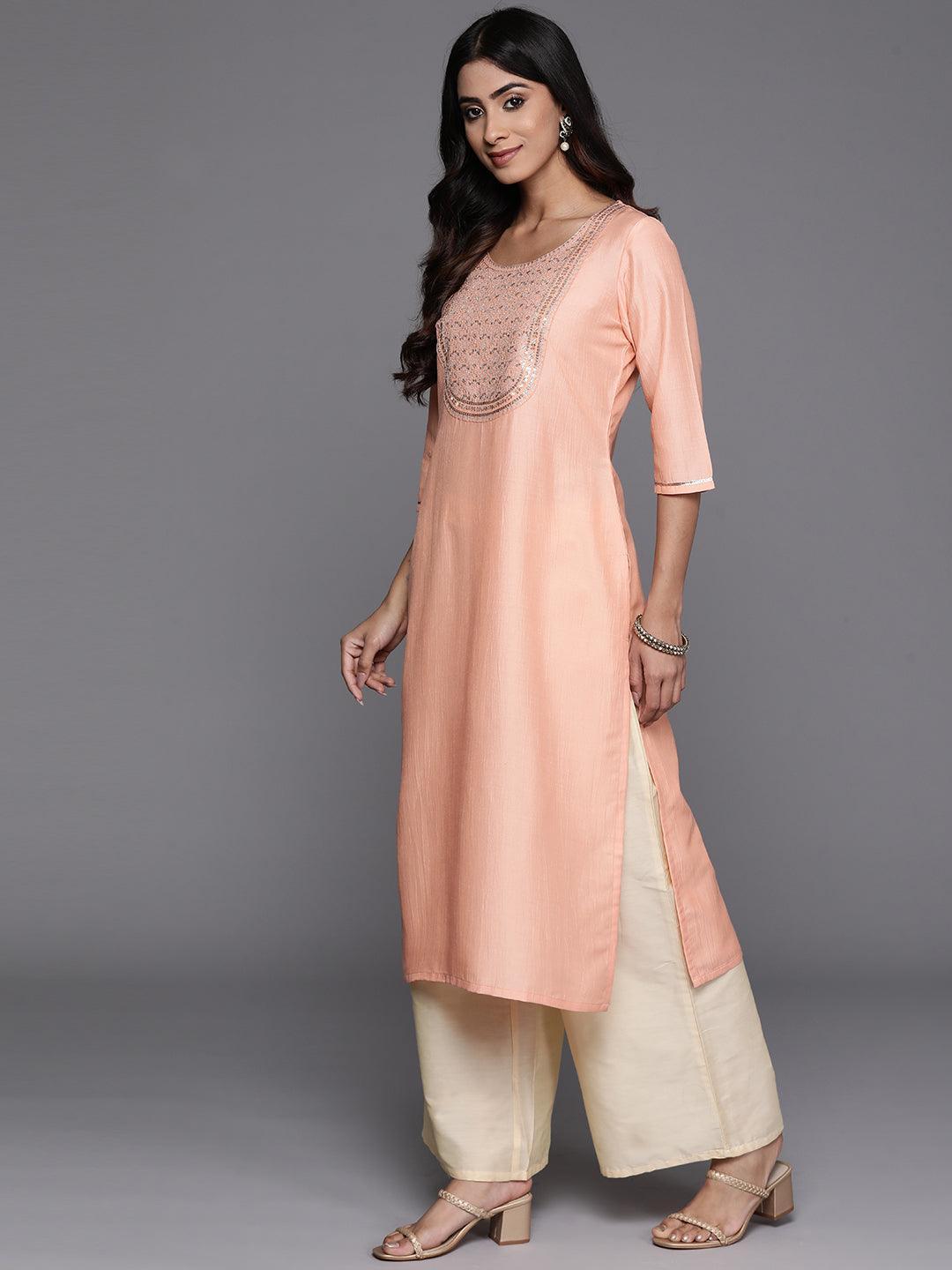 Peach Yoke Design Silk Straight Kurta - Libas