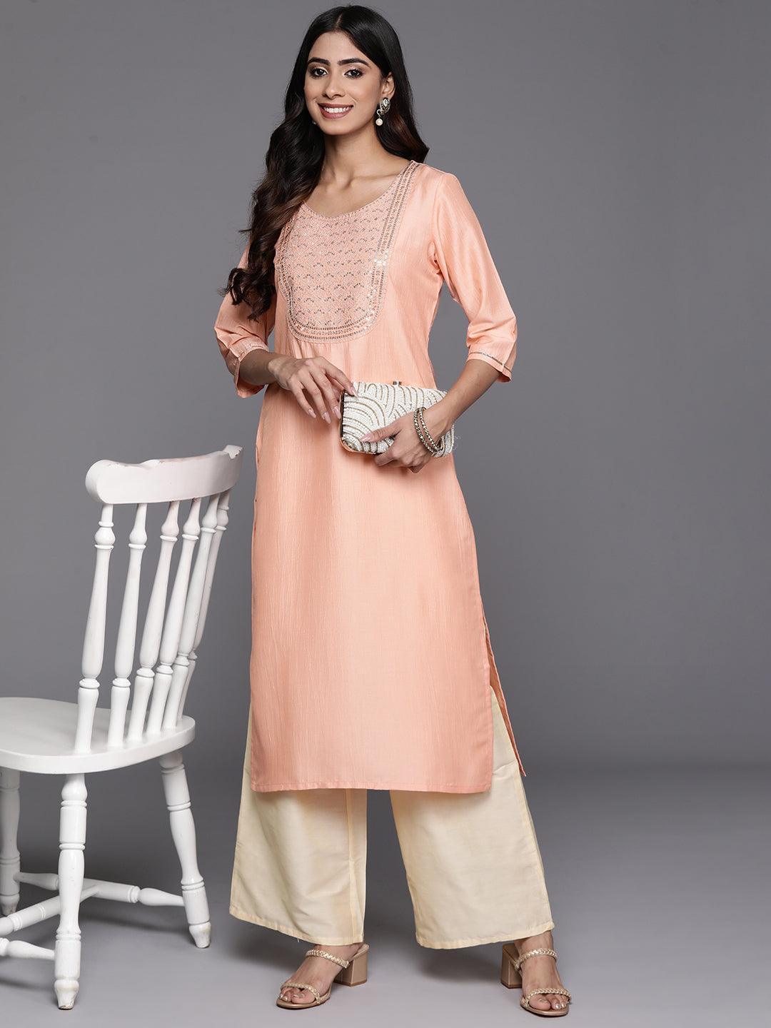 Peach Yoke Design Silk Straight Kurta - Libas
