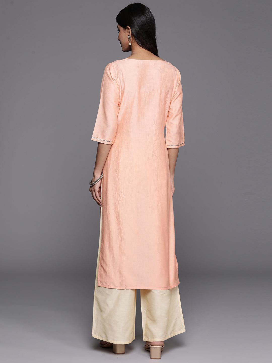 Peach Yoke Design Silk Straight Kurta - Libas
