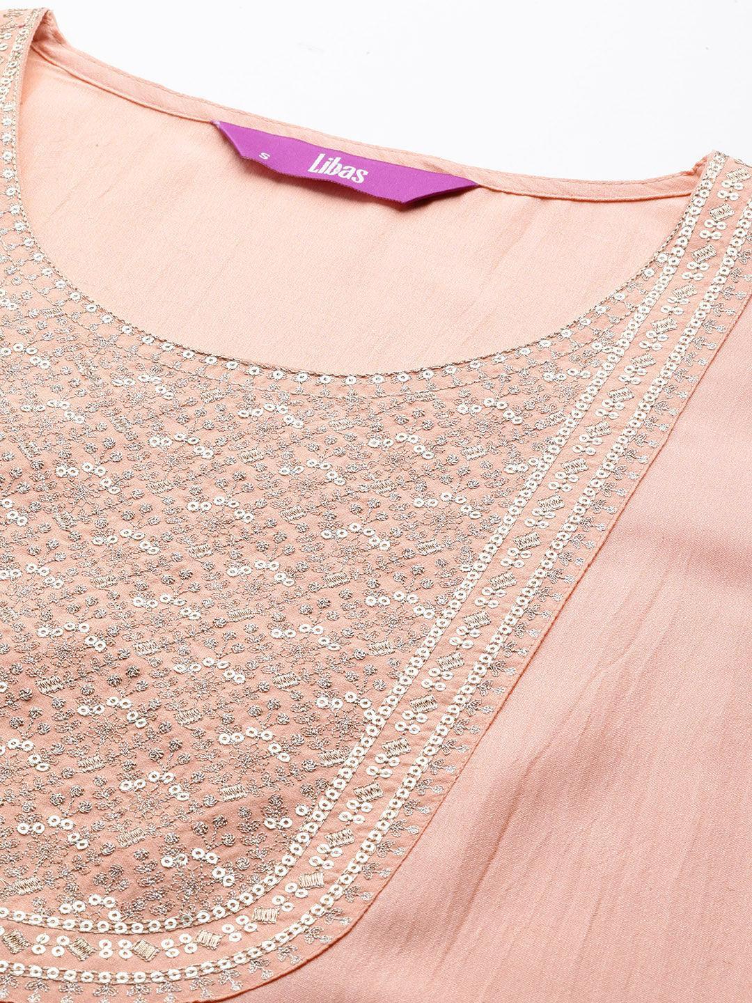 Peach Yoke Design Silk Straight Kurta - Libas