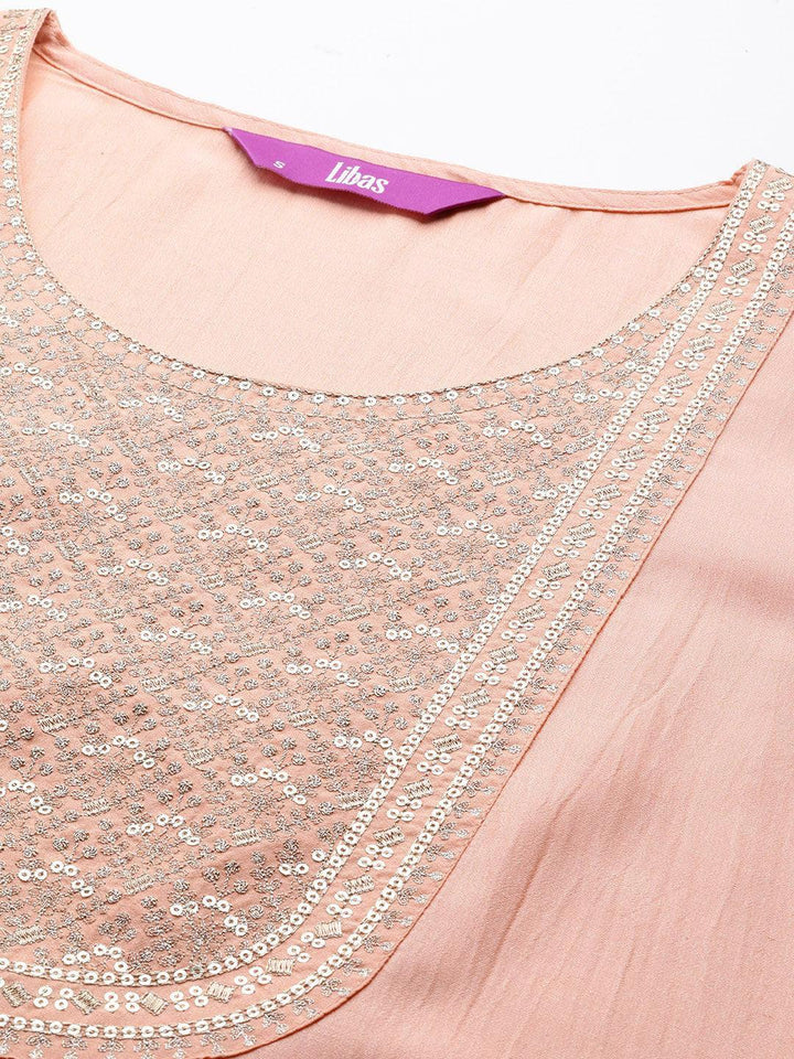 Peach Yoke Design Silk Straight Kurta