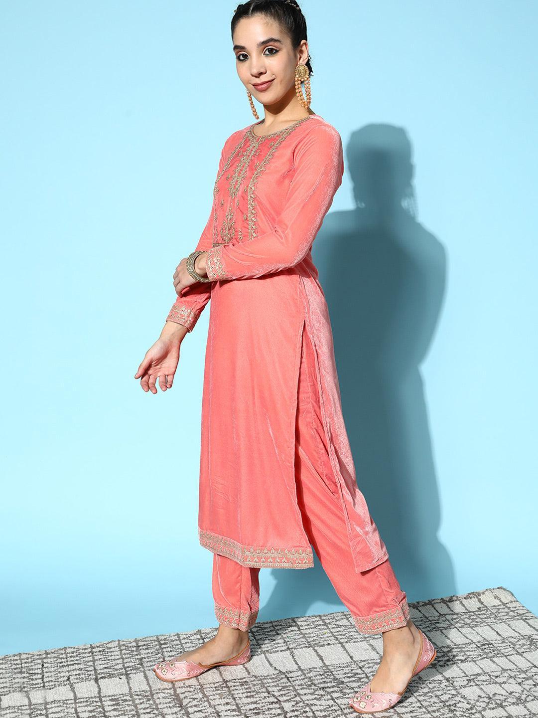 Peach Yoke Design Velvet Straight Suit Set - ShopLibas