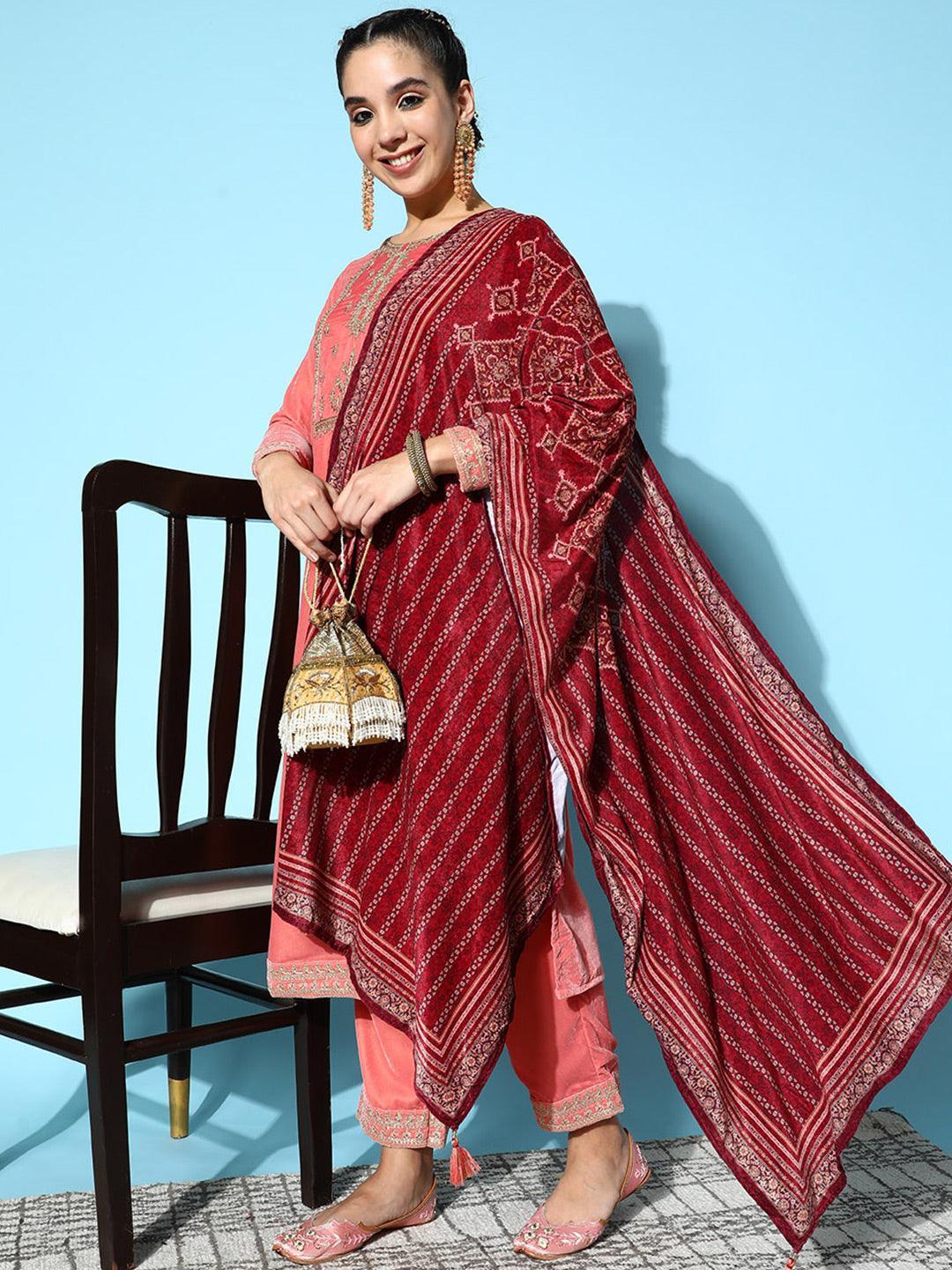 Peach Yoke Design Velvet Straight Suit Set - ShopLibas