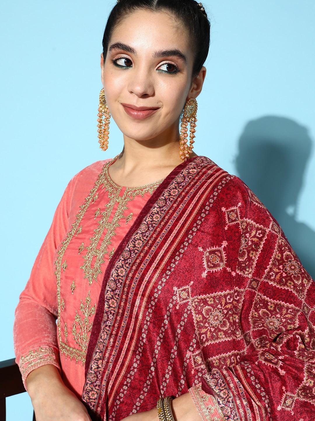 Peach Yoke Design Velvet Straight Suit Set - ShopLibas