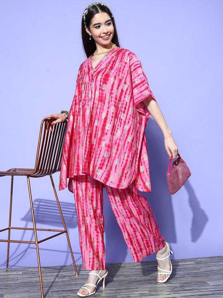 Pink Dyed Silk Blend Kaftan Kurta Set With Palazzos