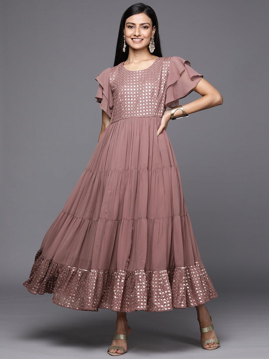 Pink Embellished Georgette Fit and Flare Dress - ShopLibas