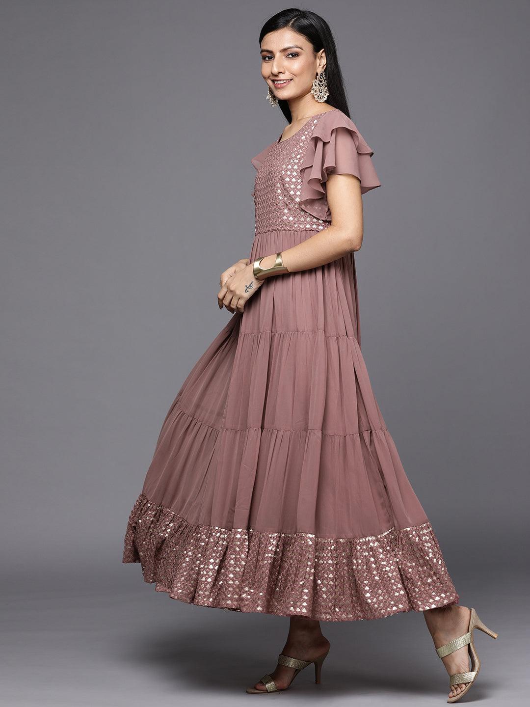 Pink Embellished Georgette Fit and Flare Dress - ShopLibas