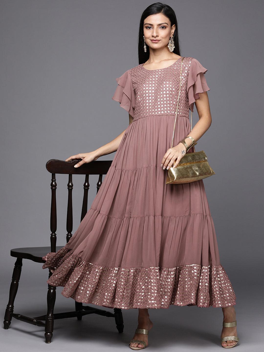 Pink Embellished Georgette Fit and Flare Dress - ShopLibas