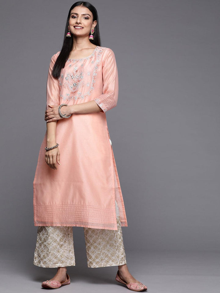Pink Embroidered Chanderi Silk Straight Kurta