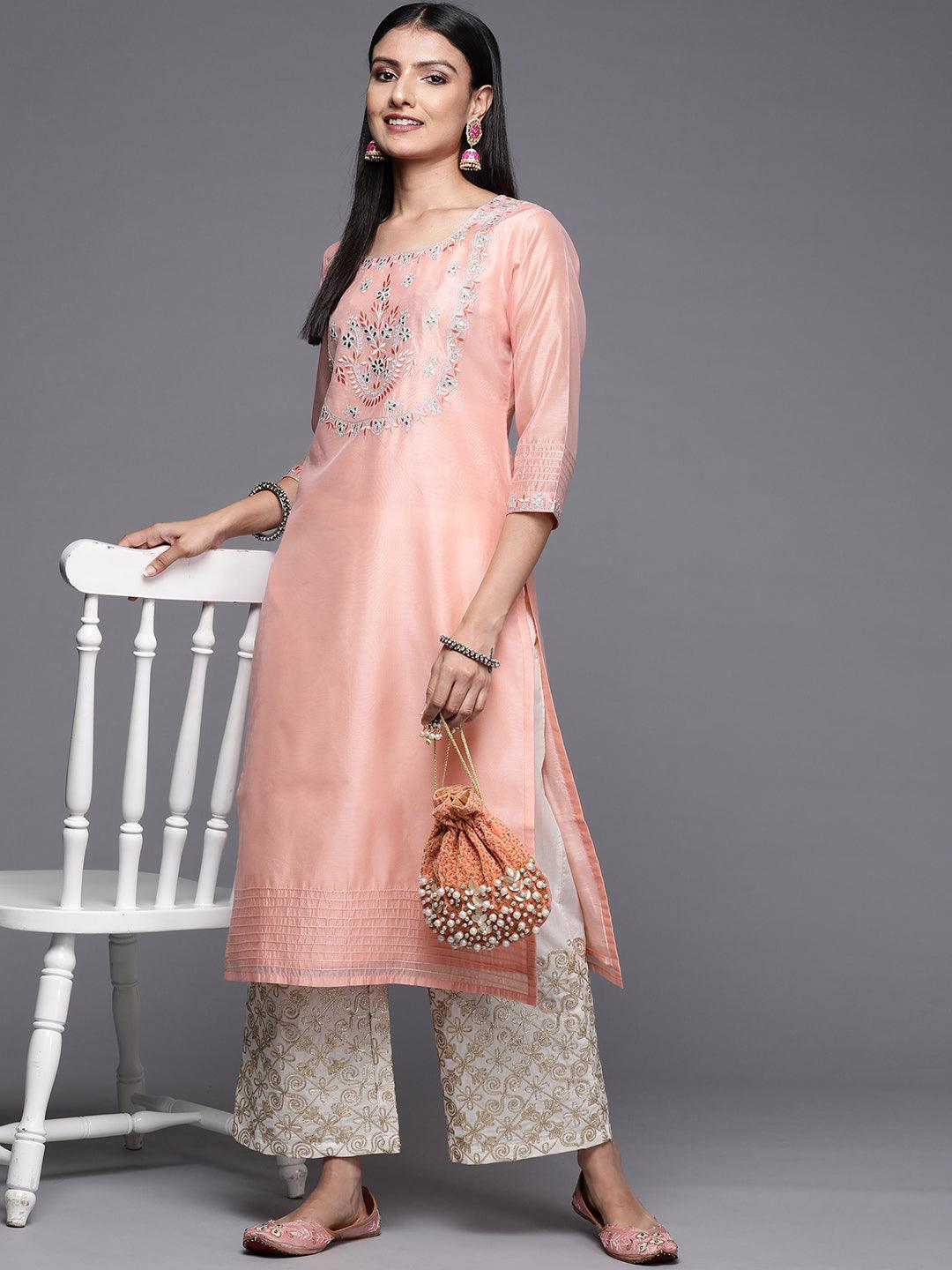Pink Embroidered Chanderi Silk Straight Kurta - Libas
