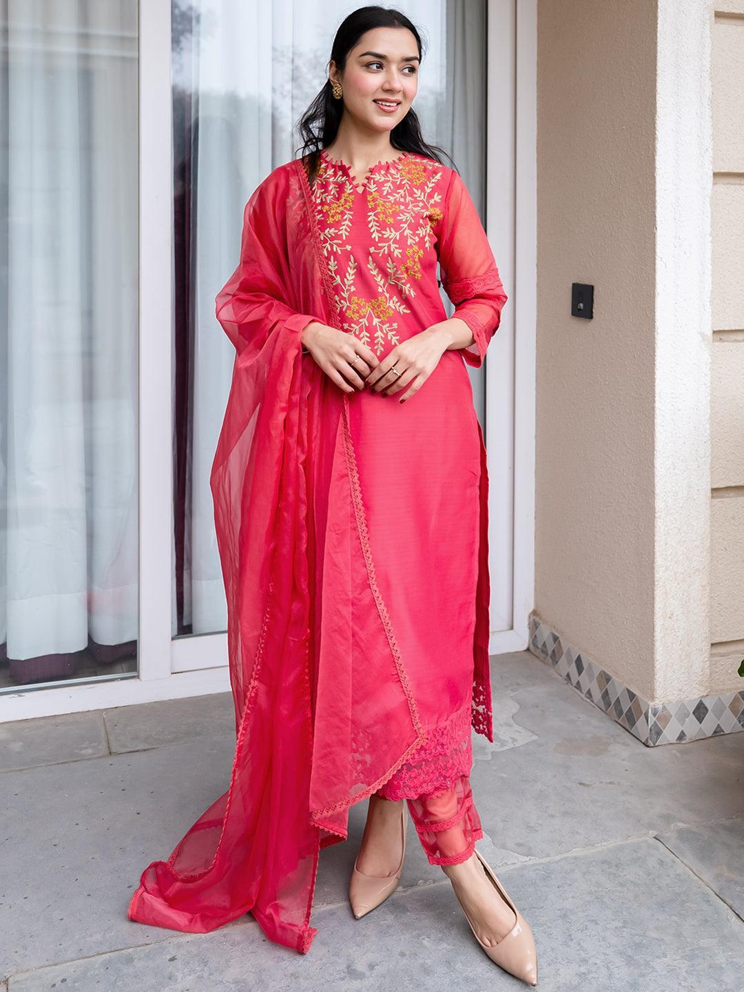 Pink Embroidered Chanderi Cotton Straight Suit Set With Dupatta