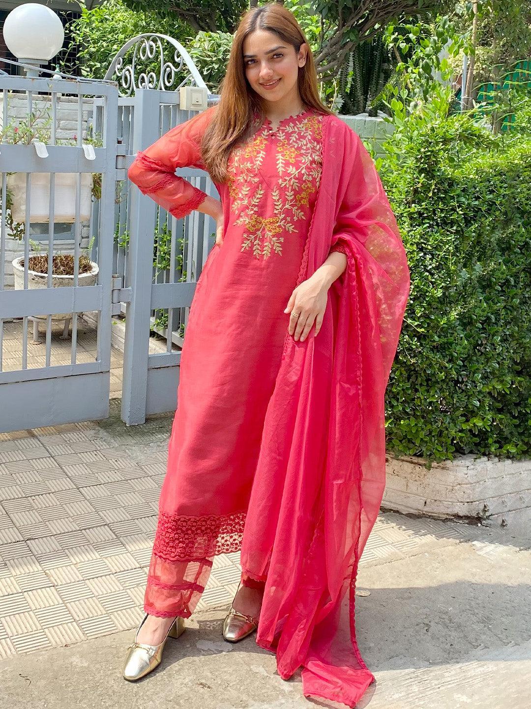 Pink Embroidered Chanderi Silk Straight Suit Set - ShopLibas