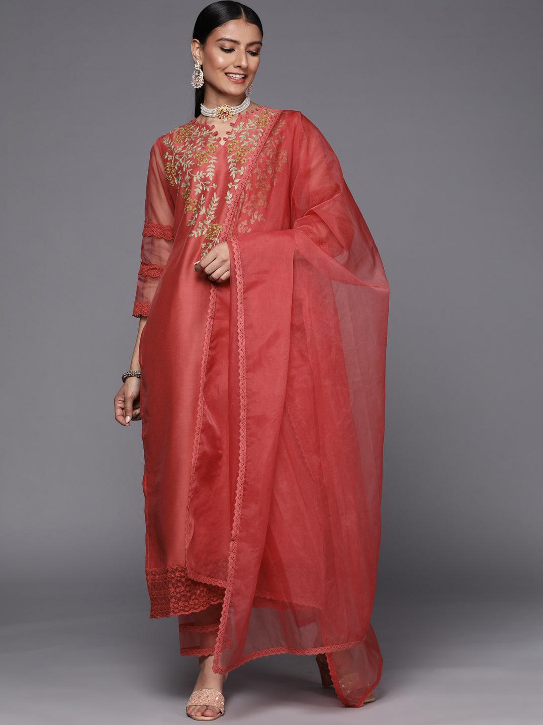 Pink Embroidered Chanderi Silk Straight Suit Set - ShopLibas
