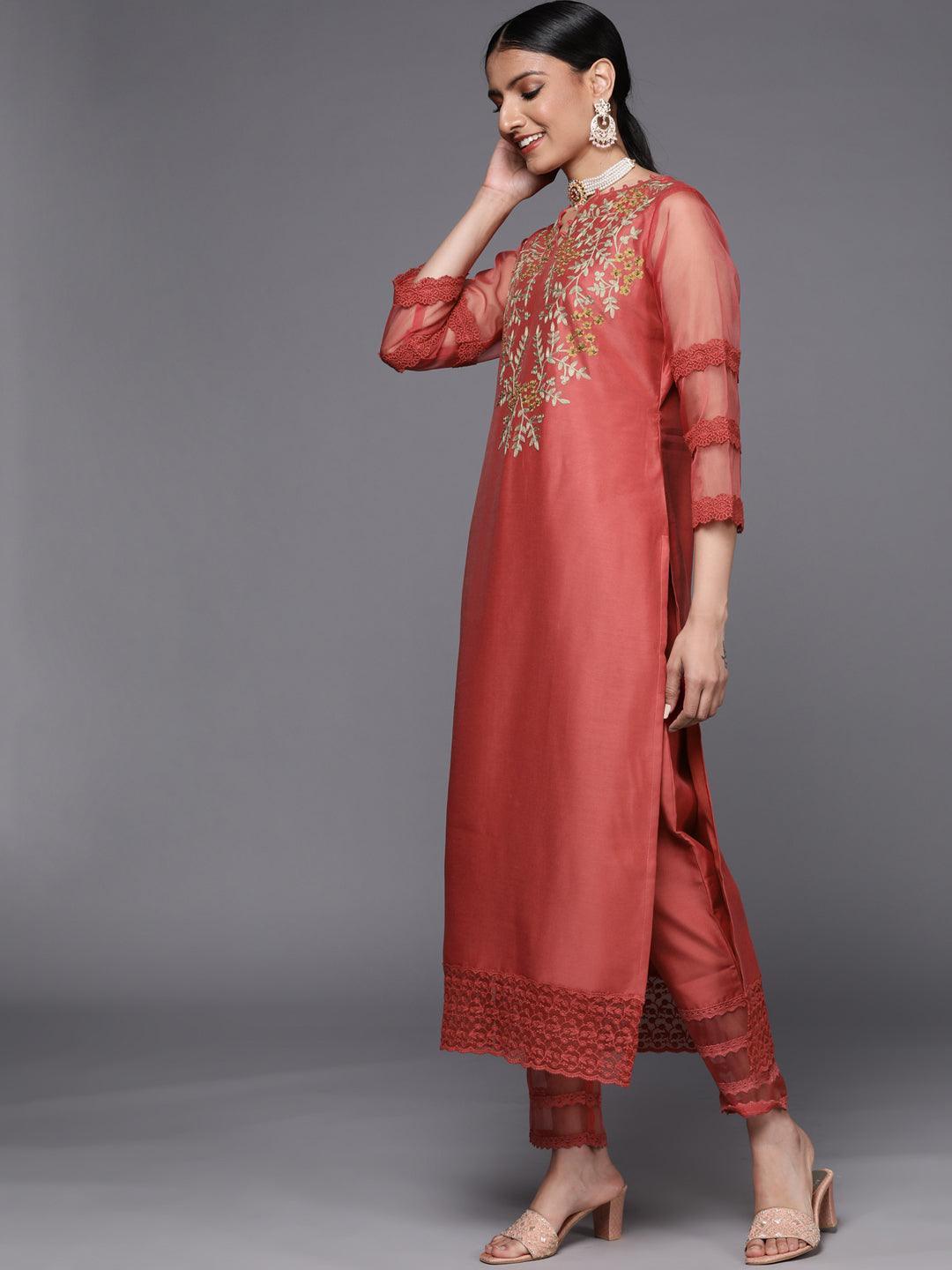 Pink Embroidered Chanderi Silk Straight Suit Set - ShopLibas