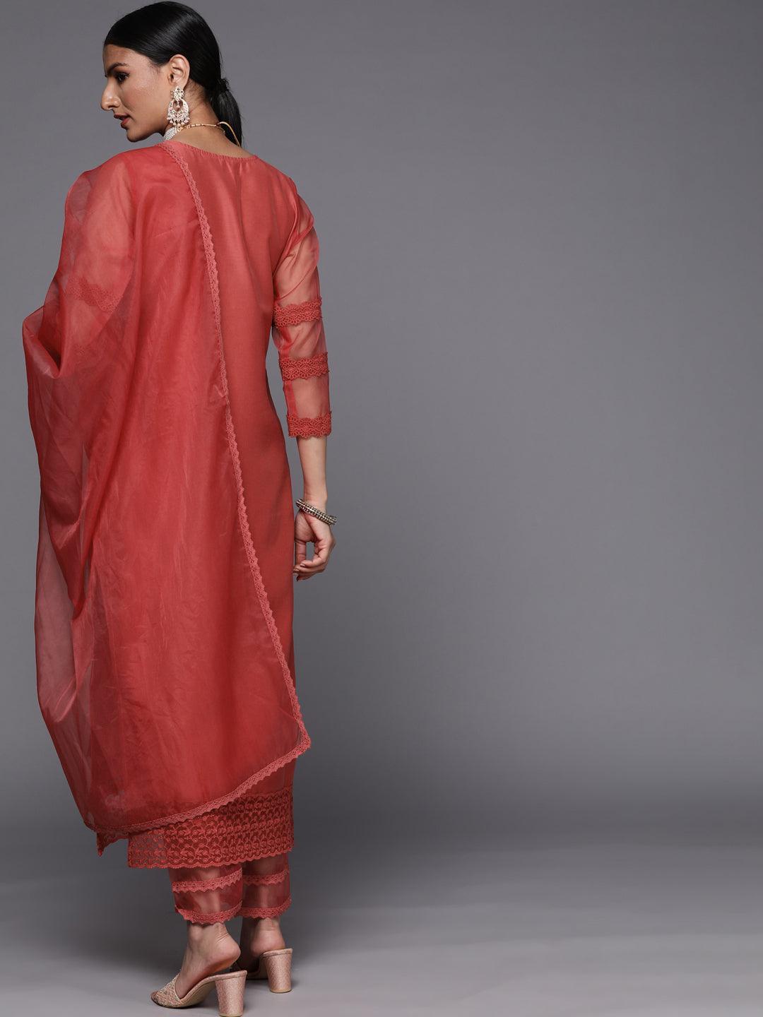 Pink Embroidered Chanderi Silk Straight Suit Set - ShopLibas