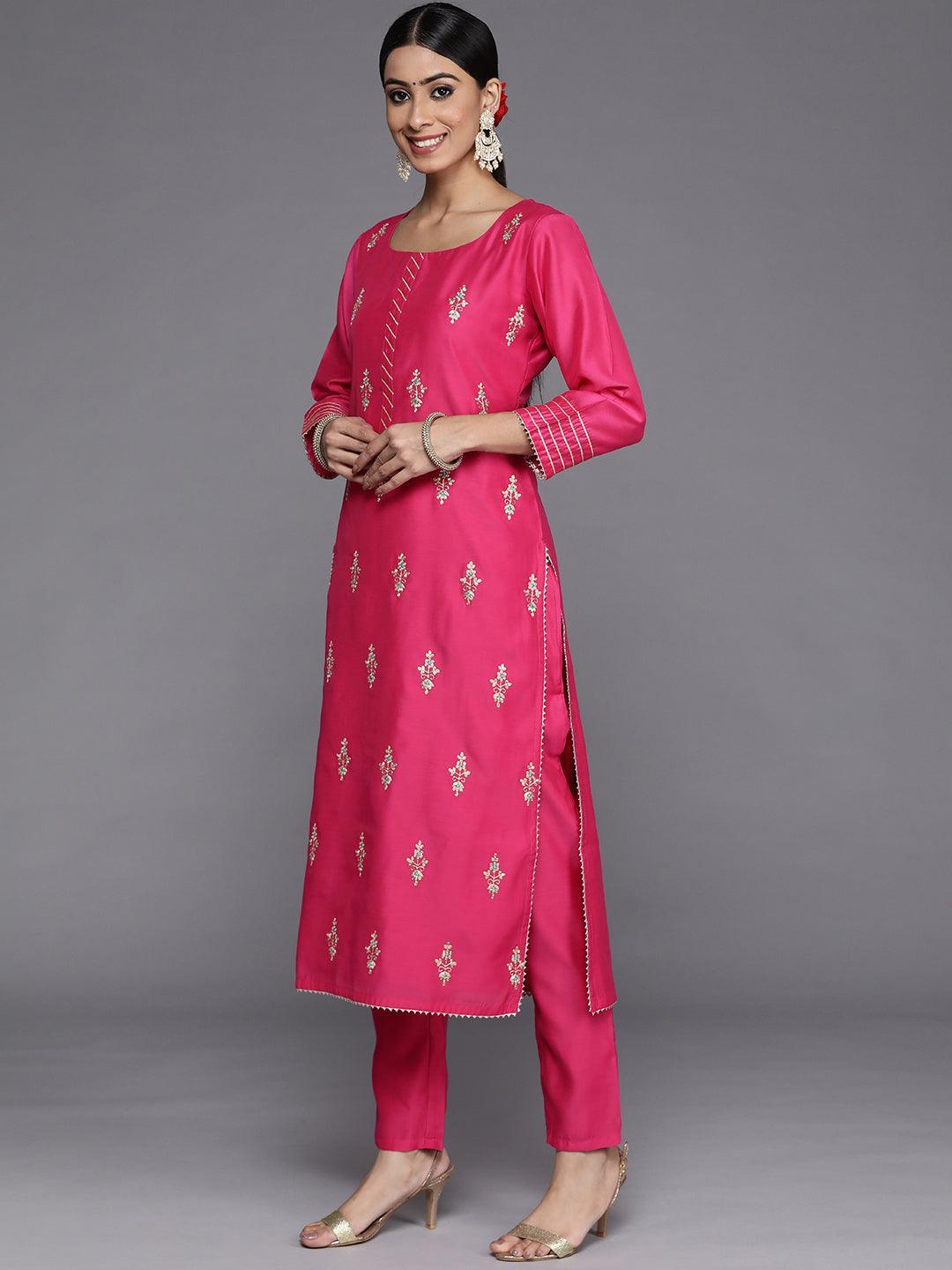 Pink Embroidered Chanderi Silk Straight Suit Set - ShopLibas