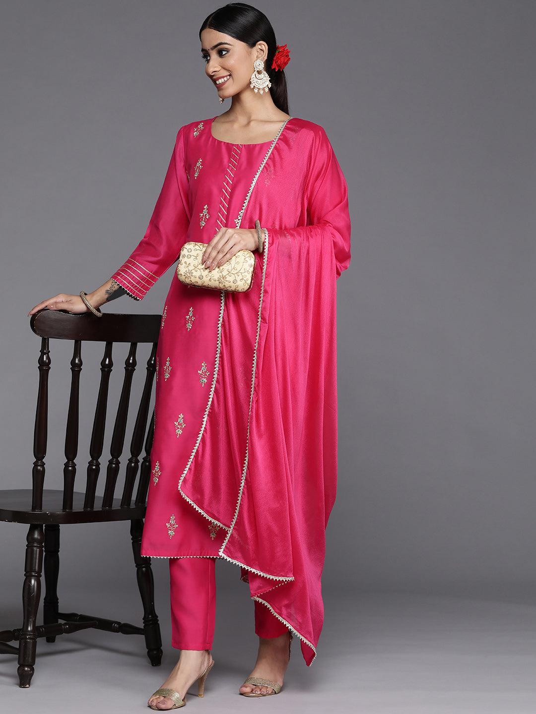 Pink Embroidered Chanderi Silk Straight Suit Set - ShopLibas