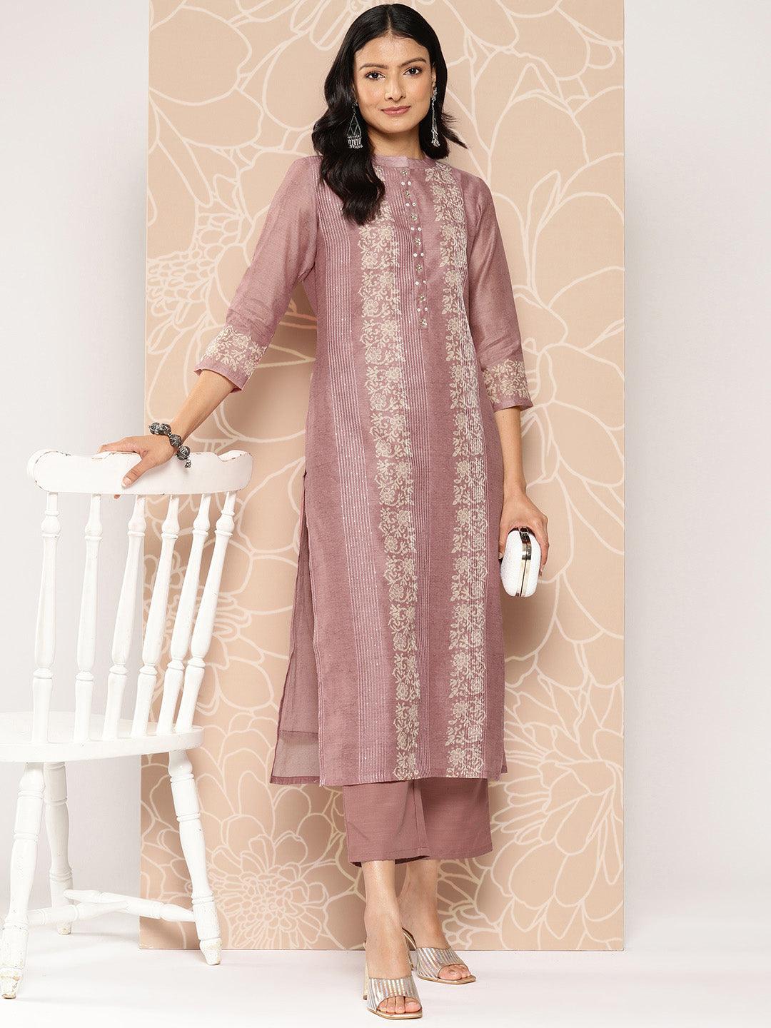 Pink Embroidered Chanderi Silk Straight Kurta With Trousers - Libas