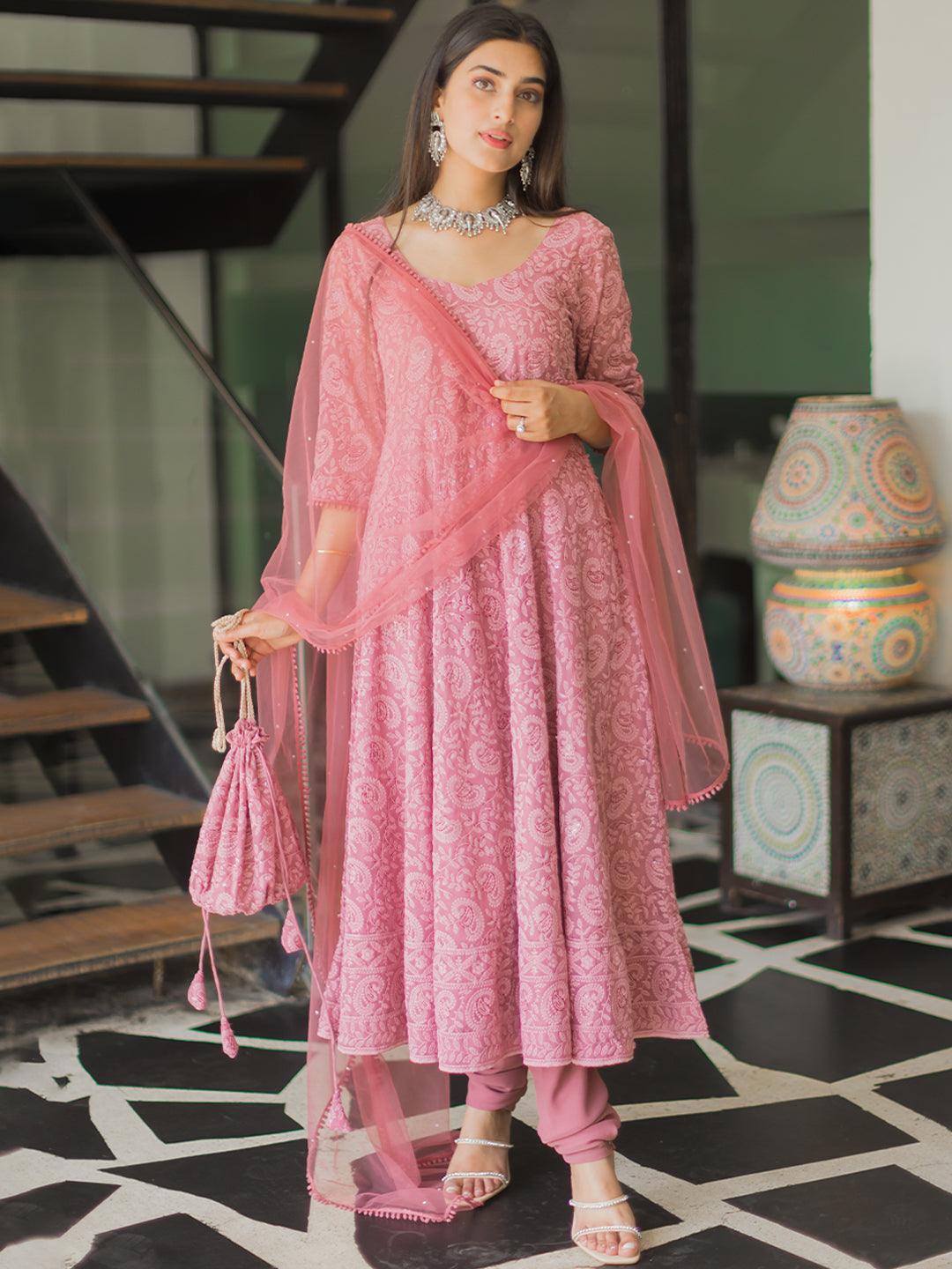 Buy Pink Embroidered Georgette Anarkali Suit Set With Potli Online in USA at $69.00 | Libas Buy Pink Embroidered Georgette Anarkali Suit Set With Potli Online in USA at $69.00 | Libas