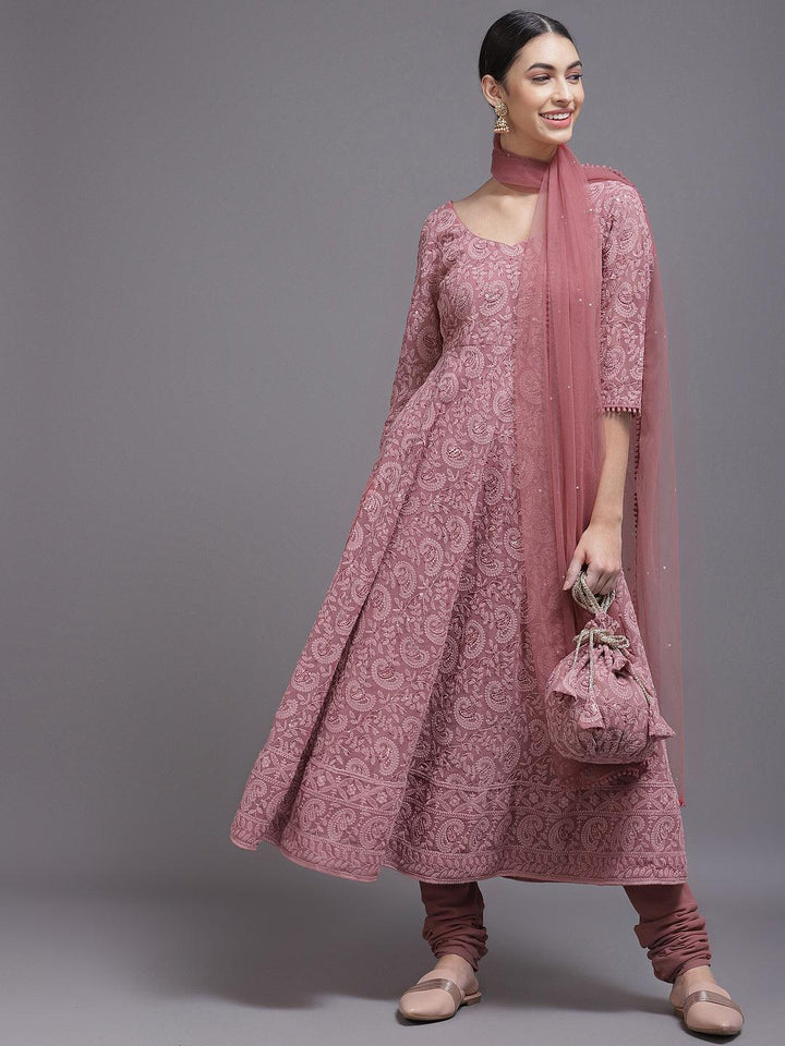 Pink Embroidered Georgette Anarkali Suit Set With Potli