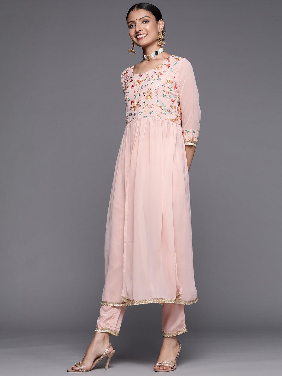 Pink Embroidered Georgette Anarkali Suit Set - ShopLibas