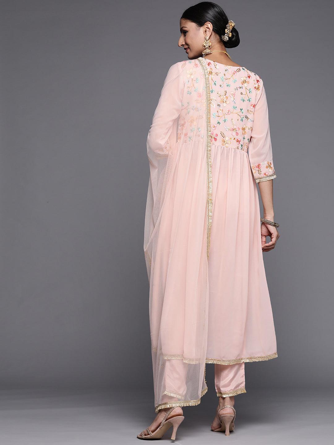 Pink Embroidered Georgette Anarkali Suit Set - ShopLibas