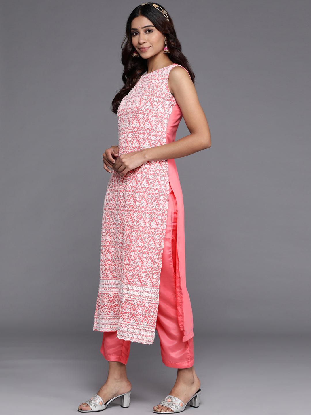 Pink Embroidered Georgette Straight Suit Set With Trousers - Libas
