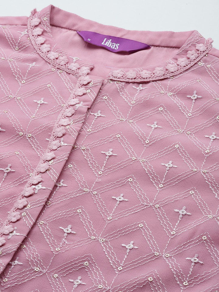 Pink Embroidered Georgette Straight Suit Set With Trousers