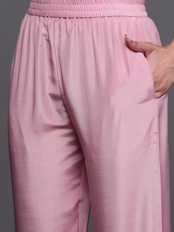 Pink Embroidered Georgette Straight Suit Set With Trousers