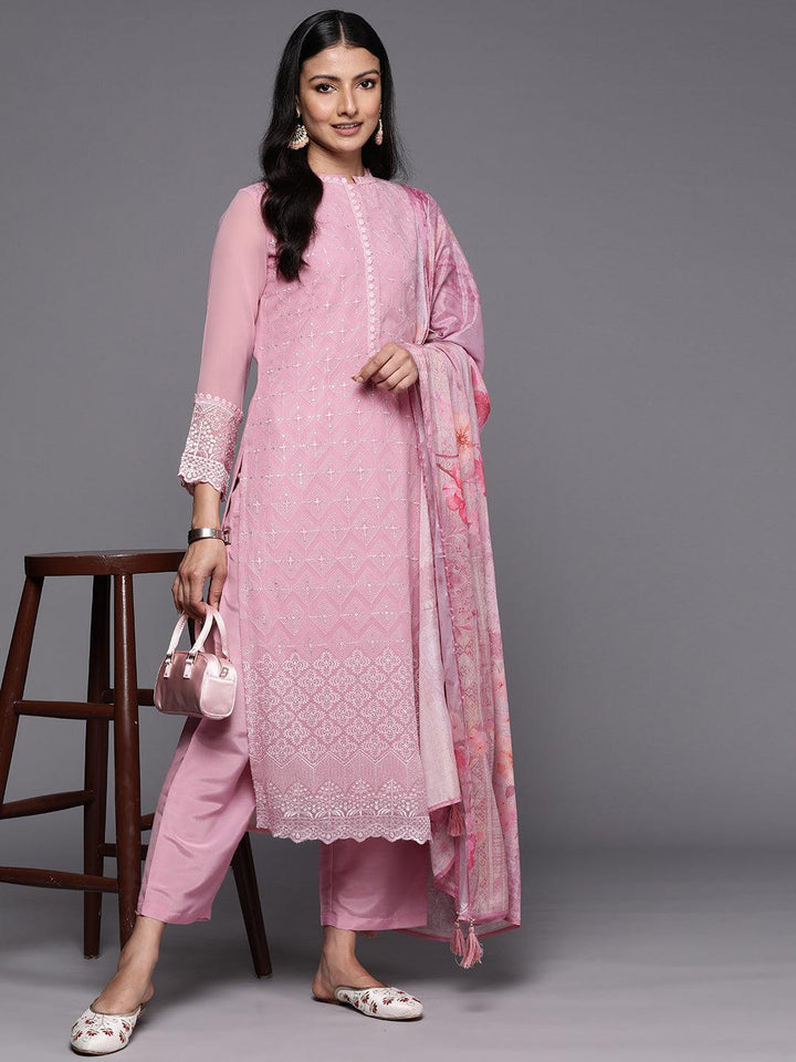 Pink Embroidered Georgette Straight Suit Set With Trousers