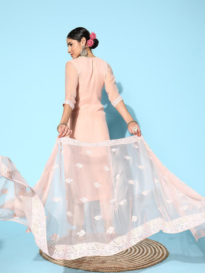 Pink Embroidered Georgette Straight Suit Set With Trousers