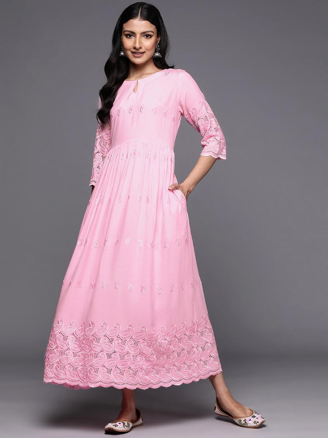 Buy Pink Embroidered Rayon Fit and Flare Dress Online in USA at $28.00