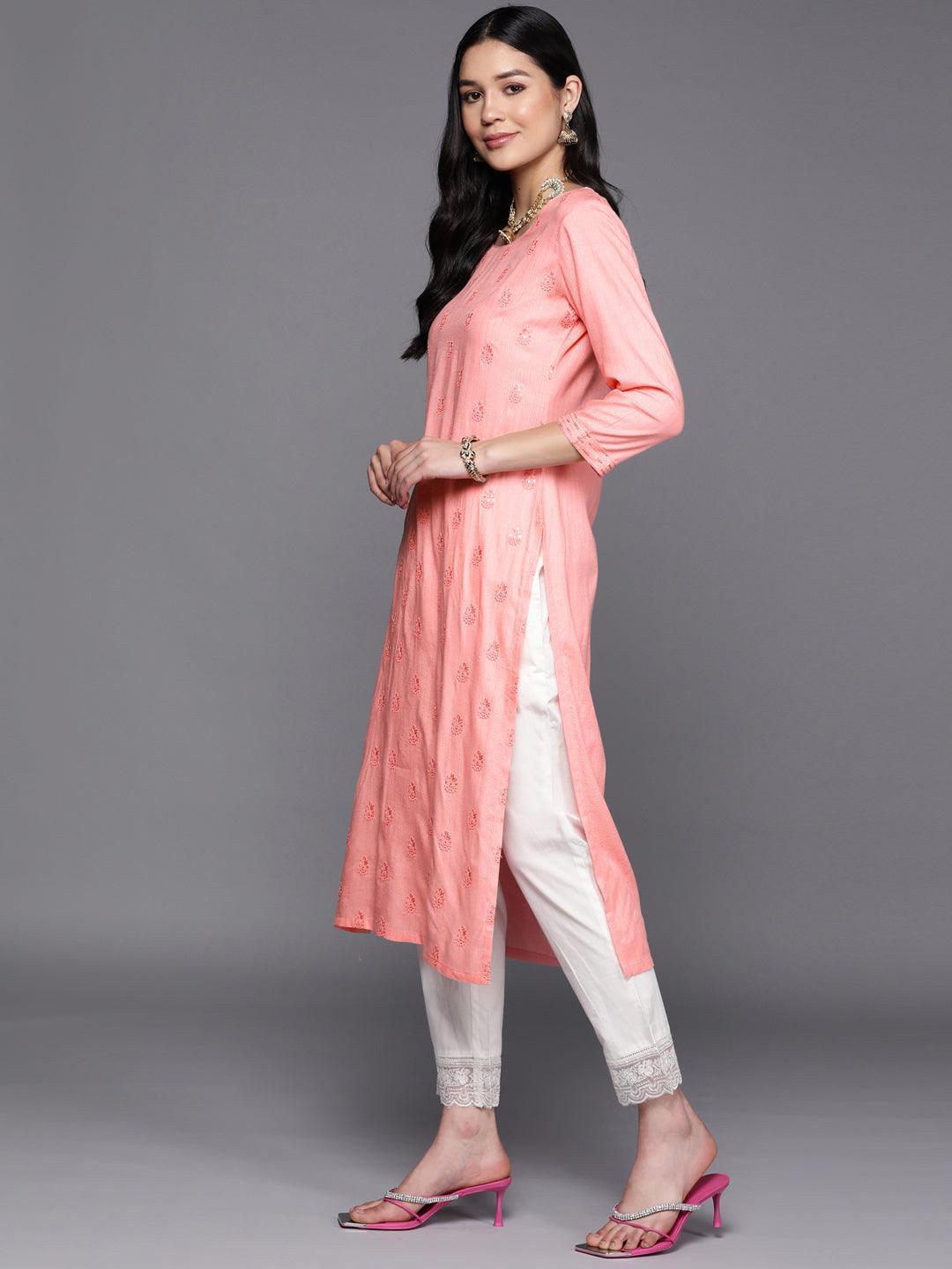 Pink Embroidered Rayon Straight Kurta - ShopLibas