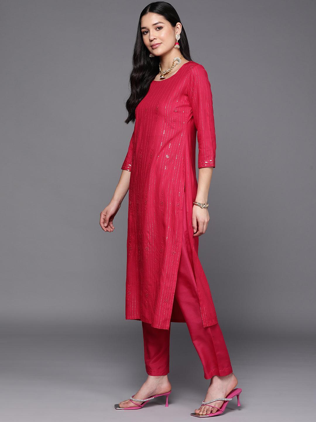 Pink Embroidered Rayon Straight Kurta - ShopLibas