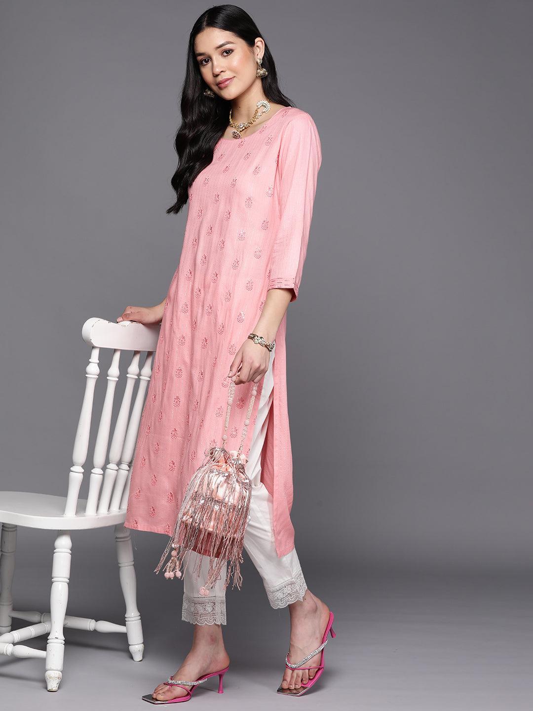 Pink Embroidered Rayon Straight Kurta - ShopLibas