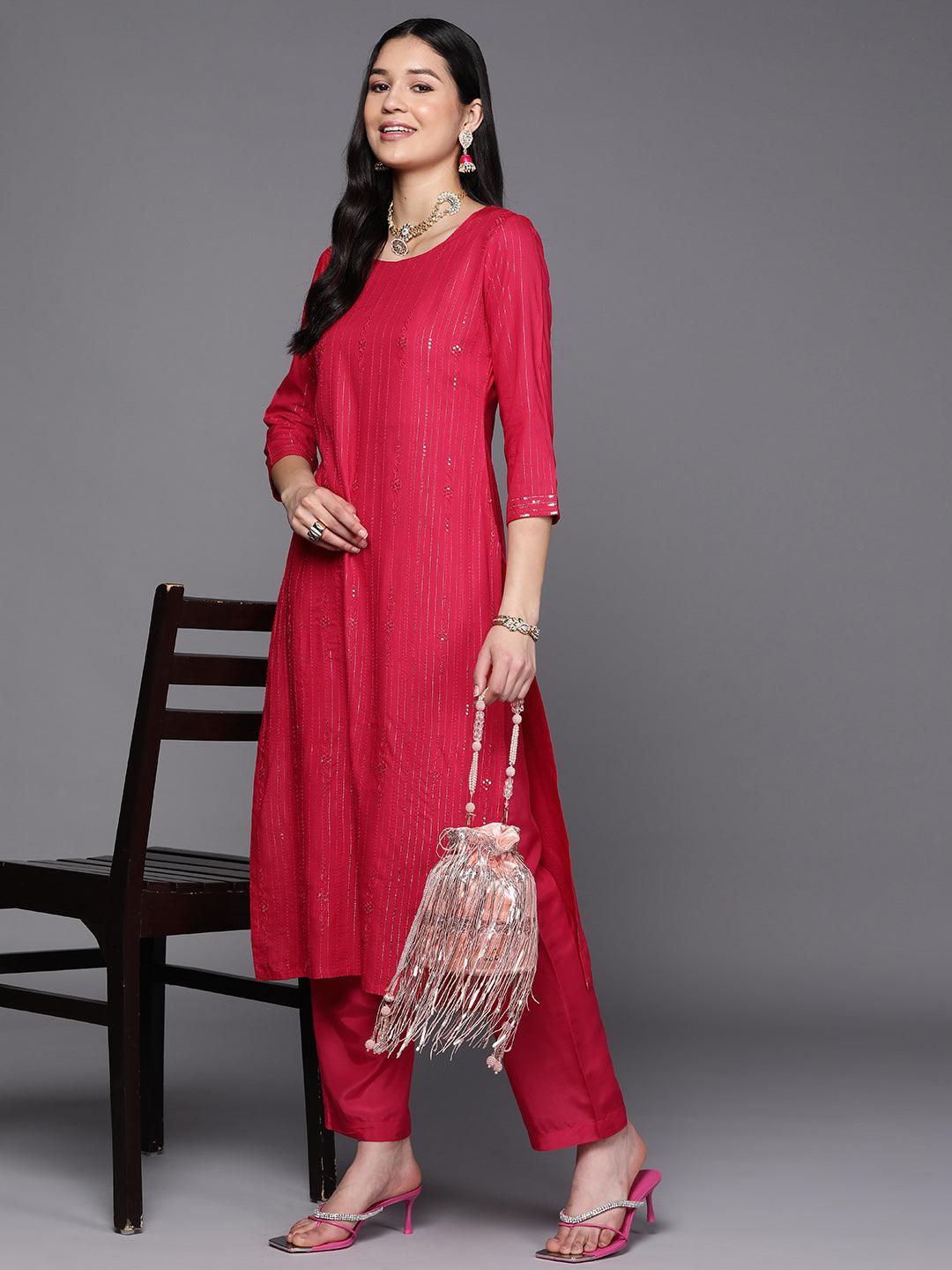 Pink Embroidered Rayon Straight Kurta - ShopLibas