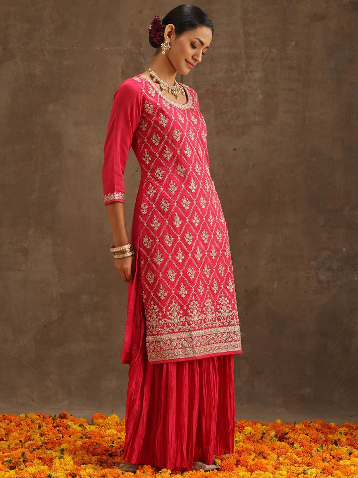Pink Embroidered Silk Blend Straight Suit Set With Sharara