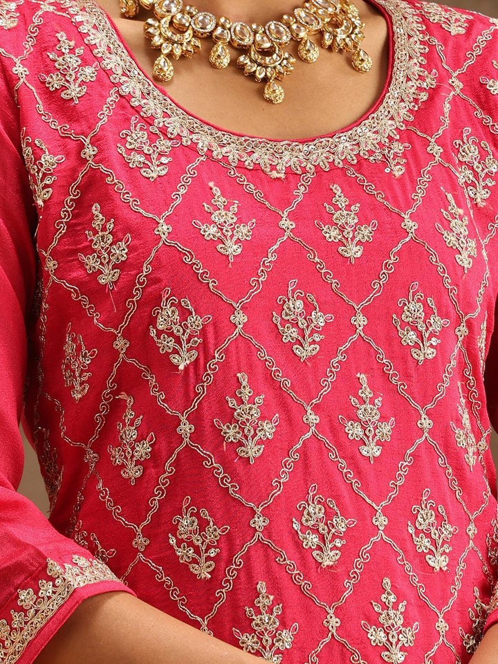 Pink Embroidered Silk Blend Straight Suit Set With Sharara